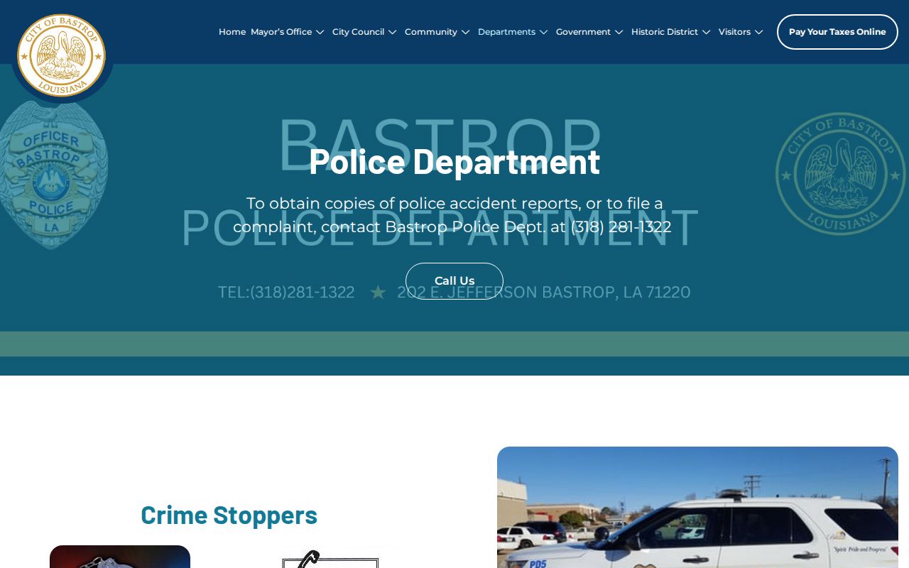 Captured Bastrop Police Department webpage with city police contact information