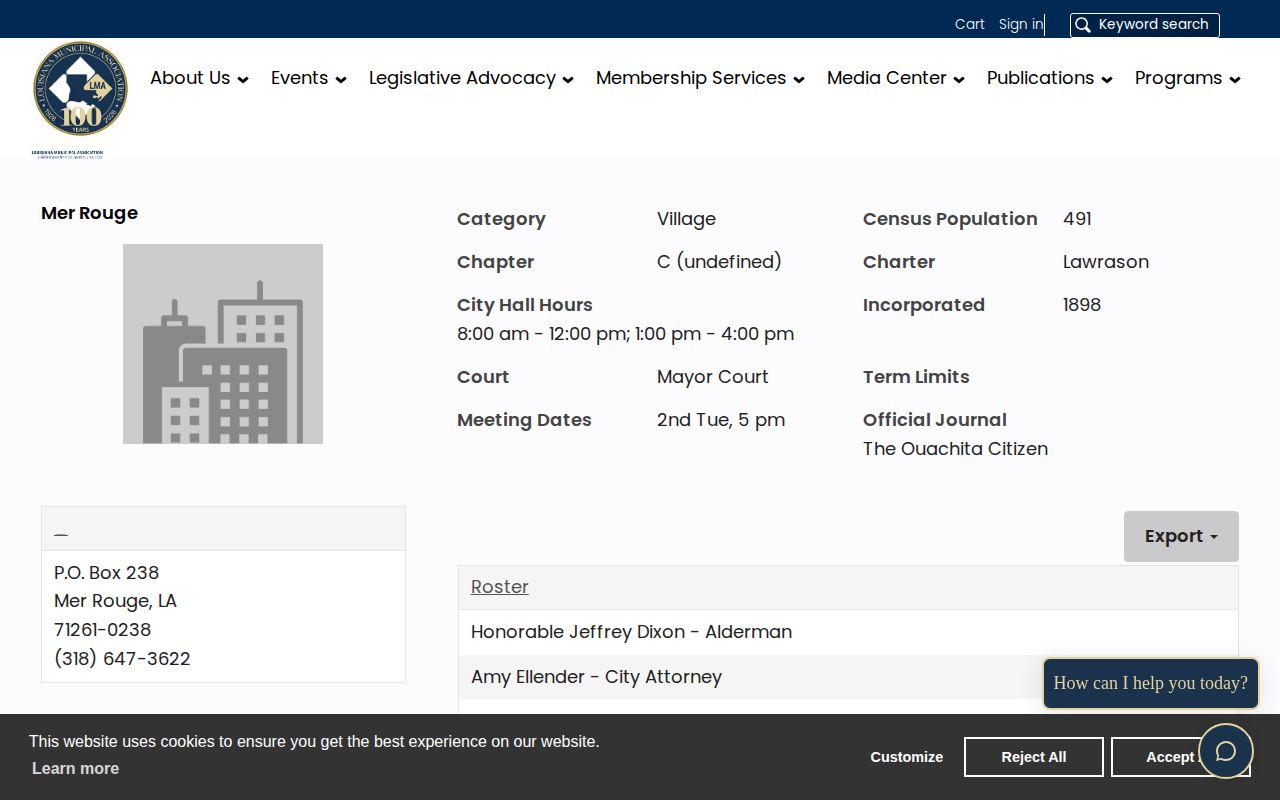 Captured Louisiana Municipal Association profile for the Village of Mer Rouge